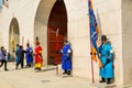 Warriors of the Royal guard in historical costumes in daily Ceremony of Gate Guard Change near the Gwanghwamun, the main Gate of