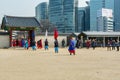 Warriors of the Royal guard in historical costumes in daily Ceremony of Gate Guard Change near the Gwanghwamun, the main Gate of