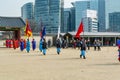 Warriors of the Royal guard in historical costumes in daily Ceremony of Gate Guard Change near the Gwanghwamun, the main Gate of