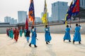 Warriors of the Royal guard in historical costumes in daily Ceremony of Gate Guard Change near the Gwanghwamun, the main Gate of