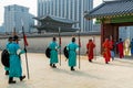 Warriors of the Royal guard in historical costumes in daily Ceremony of Gate Guard Change near the Gwanghwamun, the main Gate of