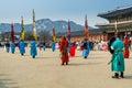 Warriors of the Royal guard in historical costumes in daily Ceremony of Gate Guard Change near the Gwanghwamun, the main Gate of
