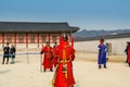 Warriors of the Royal guard in historical costumes in daily Ceremony of Gate Guard Change near the Gwanghwamun, the main Gate of