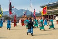 Warriors of the Royal guard in historical costumes in daily Ceremony of Gate Guard Change near the Gwanghwamun, the main Gate of