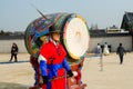 Warriors of the Royal guard in historical costumes and a traditional drum in daily Ceremony of Gate Guard Change near the