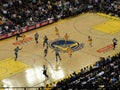 Warriors Stephen Curry moves ball down court Royalty Free Stock Photo