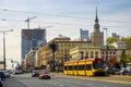 Warsaw city center with de Gaulle roundabout, Aleje Jerozolimskie avenue Culture and Science Palace and skyscrapers downtown Royalty Free Stock Photo