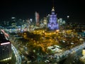 Warsaw city center at nigh aerial view