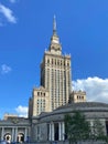 Warsaw city center with Palace of Culture and Science, symbol of Stalinism and communism, and modern sky scrapers Royalty Free Stock Photo