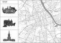 Warsaw city map with hand-drawn architecture icons