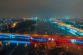 Warsaw, Poland. Wisla river with bridges with illumination aerial view.