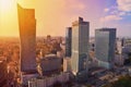 Warsaw downtown - aerial photo of modern skyscrapers at sunset