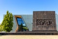 Warsaw Ghetto Heroes monument by Albert Speer in front of POLIN Museum of the History of Polish Jews in historic Jewish ghetto