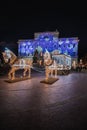 20.12.2021 - Warsaw. A horse-drawn carriage made of coloured Christmas lights in front of the Staszic Palace. The capital of