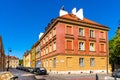 Colorful renovated tenement houses of historic New Town quarter - Nowe Miasto - along Koscielna street in Warsaw, Poland