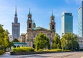 Srodmiescie district and Grzybowski square with All Saints church and Culture and Science Palace PKiN in Warsaw, Poland Royalty Free Stock Photo