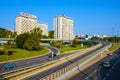 Warsaw, Mazovia, Poland - Panoramic view of Solec district and the Wislostrada artery along the Vistula river bank