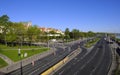 Warsaw, Poland - Panoramic view of Wybrzeze Gdanskie Coast artery with historic old town quarter in background Royalty Free Stock Photo