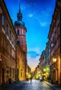 Warsaw old town street. Evening view of old houses and Church. Long exposure. Warsaw, Poland Royalty Free Stock Photo