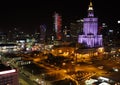 Warsaw, Poland. Aerial view center of the city in the night. Palace of Culture and Science and business skyscrapers Royalty Free Stock Photo