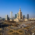 Warsaw, Poland. Aerial view center of the city. Palace of Culture and Science and business skyscrapers