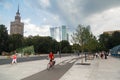 Warsaw, Poland - 2020/06/01: Alone people cycling along the city bike road in downtown. Royalty Free Stock Photo