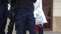 Warsaw, Poland 10.10.2020 - Anticovid freedom march - close up, police guarding protest against coronavirus spread