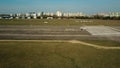 WARSAW, POLAND - APRIL, 1, 2017. Aerial shot of a small propeller aircraft taxiing and taking off from local airport Royalty Free Stock Photo