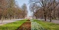 Warsaw, Poland - April 3, 2019: Beautiful Saxon garden, park with red, blue and white flowers. Royalty Free Stock Photo