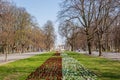 Warsaw, Poland - April 3, 2019: Beautiful Saxon garden, park with red, blue and white flowers. Royalty Free Stock Photo