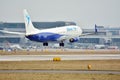 Passenger airplane Blue Air just before landing at the Chopin airport.