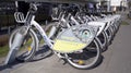 Rental bikes standing at the station of urban public bike system in Warsaw. Verurilo is a public bicycle sharing system Royalty Free Stock Photo