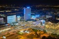 Warsaw, Poland - August 27, 2016: Aerial panoramic view to downtown of Polish Capital by night, from the top Palace