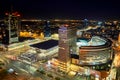 Warsaw, Poland - August 27, 2016: Aerial panoramic view to downtown of Polish Capital by night, from the top Palace