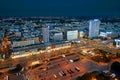 Warsaw, Poland - August 27, 2016: Aerial panoramic view to downtown of Polish Capital by night, from the top Palace