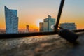 Warsaw, Poland - August 27, 2016: Aerial panoramic view to downtown of Polish Capital at sunset, from the top Palace