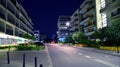 `Artystyczny Zoliborz`. Modern apartment buildings at night. This is a unique place. Functional, smartly designed. This is an aest