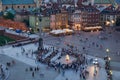 Warsaw, Poland - August 11, 2017: Beautiful aerial night panoramic view of Plac Zamkowy square in Warsaw, with historic building, Royalty Free Stock Photo