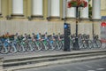 WARSAW. POLAND - AUGUST 2015: Large bicycle parking for rental bicycles in Warsaw.
