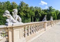Warsaw / Poland - August 04 2019: Sculptures and balustrade in the garden of the Royal Wilanow Palace. Residence of King John III