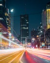 Warsaw, Poland - a cityscape of a business part of the city. Offices in Warsaw. Long exposure light trails Royalty Free Stock Photo