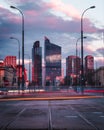 Warsaw, Poland - a cityscape of a business part of the city. Offices in Warsaw. Long exposure light trails Royalty Free Stock Photo