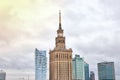 Warsaw, Poland - 08 December 2018: Aerial view Palace of Culture and Science and downtown business skyscrapers, city center, Royalty Free Stock Photo