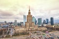 Warsaw, Poland - 08 December 2018: Aerial view Palace of Culture and Science and downtown business skyscrapers, city center, Royalty Free Stock Photo