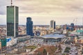 Warsaw, Poland - 08 December 2018: Aerial view Palace of Culture and Science and downtown business skyscrapers, city center, Royalty Free Stock Photo