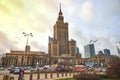 Warsaw, Poland - 08 December 2018: Aerial view Palace of Culture and Science and downtown business skyscrapers, city center, Royalty Free Stock Photo