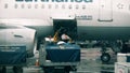 WARSAW, POLAND - DECEMBER 25, 2017. Loading mail onto the Lufthansa airplane at the Chopin international airport