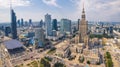 7.22.2022 Warsaw, Poland. Drone flight perspective concept. Sunny weather in downtown Warsaw. Famous skyscrapers