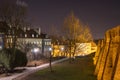 Warsaw, Poland Famous Barbican old town historic capital city and red orange brick wall fortress architecture at night Royalty Free Stock Photo