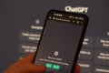 ChatGPT login screen seen on smartphone screen. OpenAI chat bot